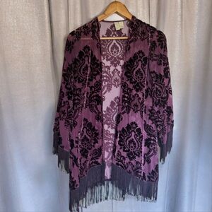 🖤 Purple Burnout Velvet Fringe Kimono Boho Gothic Duster StevieNicks | S